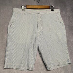 J Crew Mens Striped Seersucker Shorts size 35 Cotton Flat Front Blue White